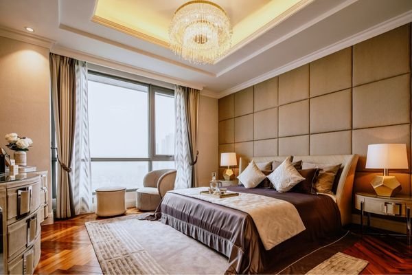 Bespoke upholstery furniture in luxury hotel room.